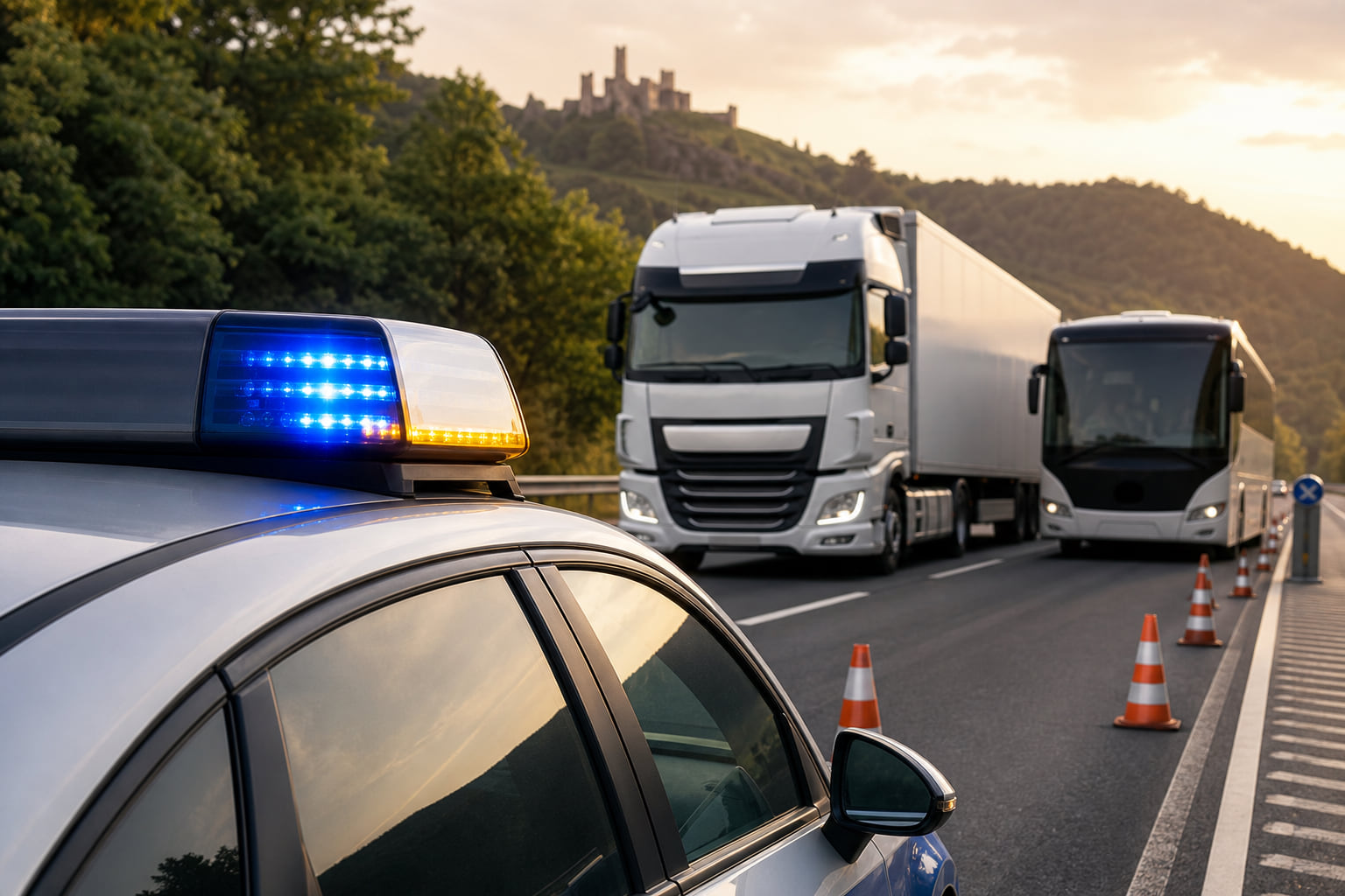 Großkontrolle auf der A61: Über 90 Einsatzkräfte prüfen Lkw und Busse